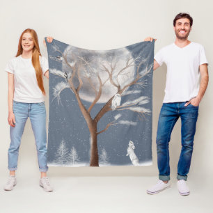 Snowy Uggla i Winter Träd och Bunny Fleecefilt