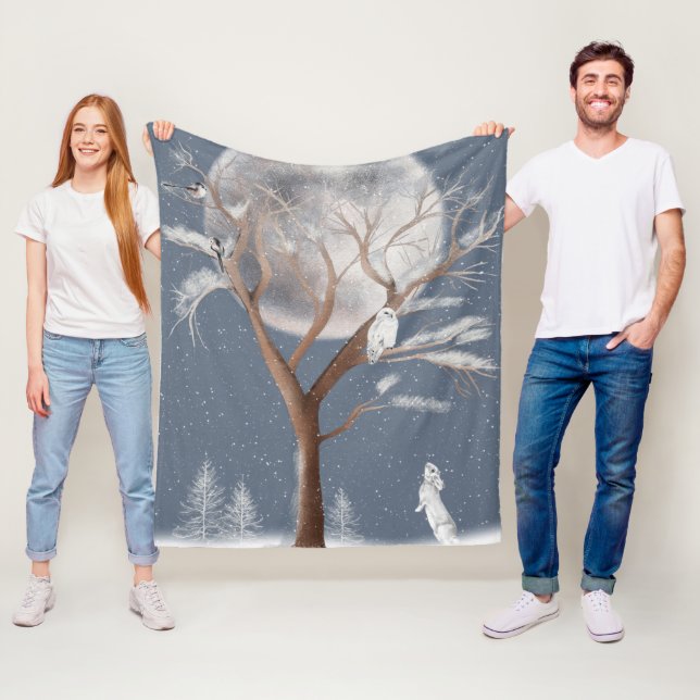 Snowy Uggla i Winter Träd och Bunny Fleecefilt (På plats)