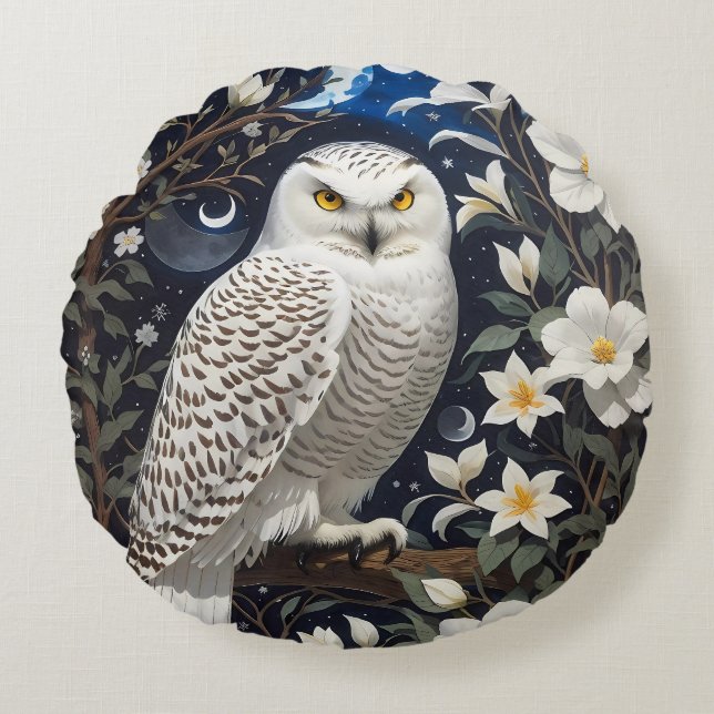 Snowy Uggla Moonlight Moonblommor Rund Kudde (Framsidan)