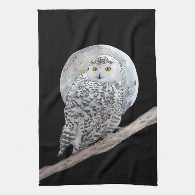 Snowy Uggla och Måne Painting - Originalbild av få Kökshandduk (Vertikal)