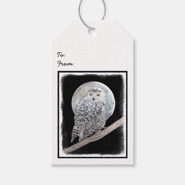 Snowy Uggla och Måne Painting - Originalbild av få Presentetikett (Framsidan)