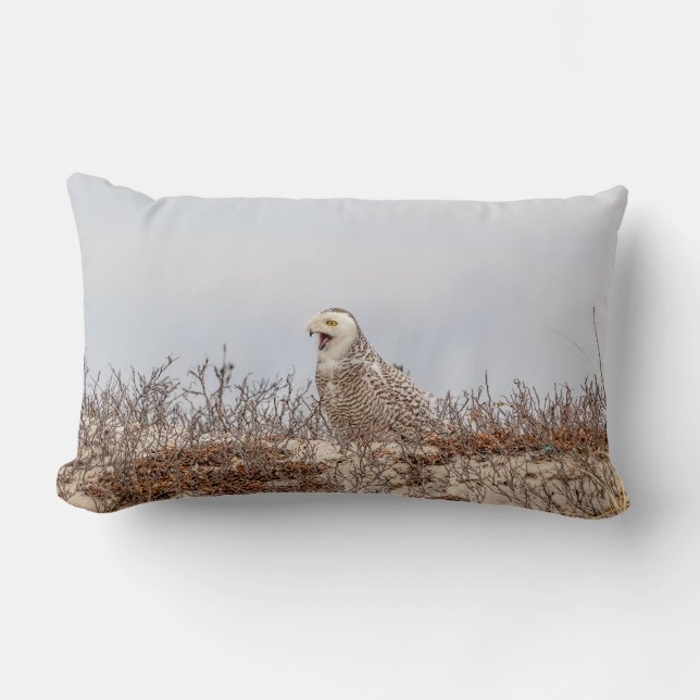 Snowy uggla sitta på stranden lumbarkudde (Framsida)