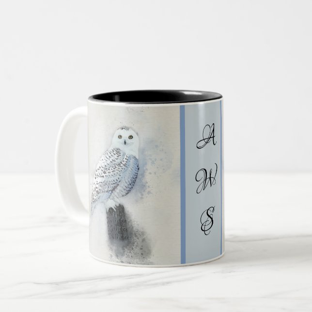 Snowy Uggla Watercolor med Monogram Två-Tonad Mugg (Framsida vänster)