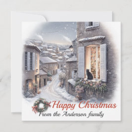 Snowy Village Black Cat jul Julkort