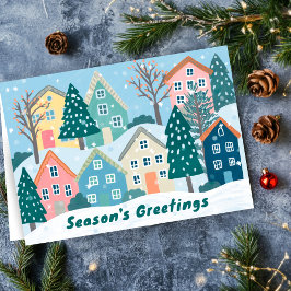 Snowy Village Illustration Cute Season's Greetings Helgkort