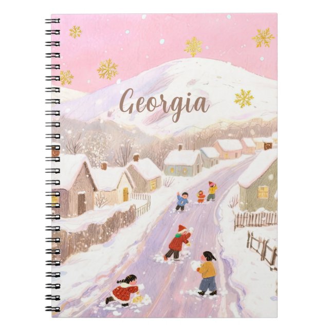 Snowy Village & Kids Personalized Anteckningsbok (Framsidan)