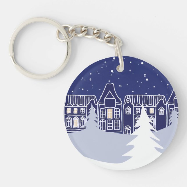 Snowy Village Night Acrylic Keychain (Framsidan)