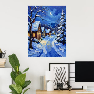Snowy Village på natten Poster