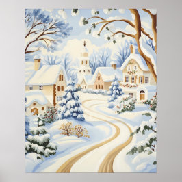 Snowy Village Path with Charming Cottages Poster