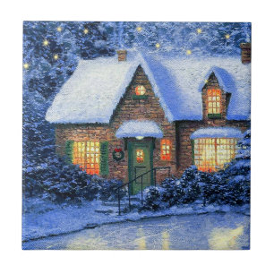 Snowy Village Scene julklapp av keramiska plattor Kakelplatta