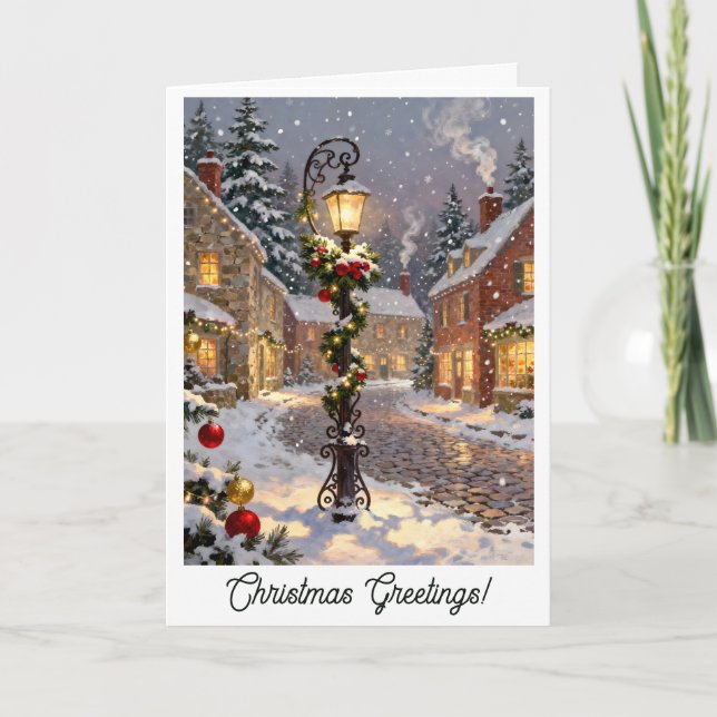 Snowy Village Street with Decorated Lamp Post  Helgkort (Framsida)