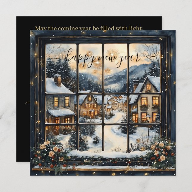Snowy Village Window Scene with New Year Greeting Julkort (Fram/baksida)