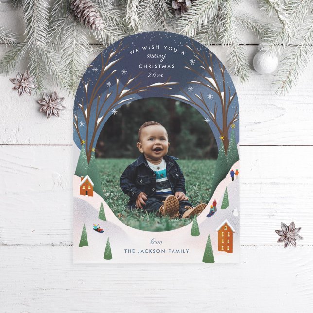 Snowy Village Winter Scene Julfoto Card Inbjudningar (Skapare uppladdad)