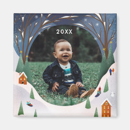 Snowy Village Winter Scene julfoto Magnet