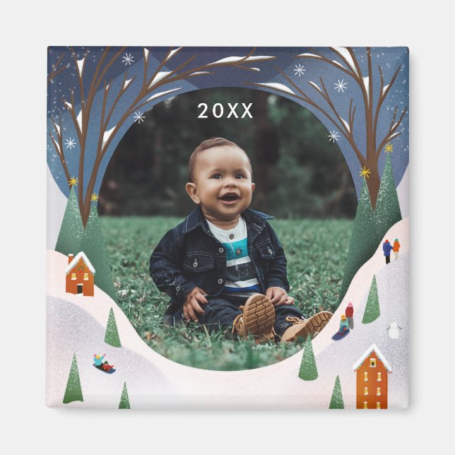 Snowy Village Winter Scene julfoto Magnet (Framsidan)