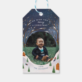 Snowy Village Winter Scene julfoto Presentetikett