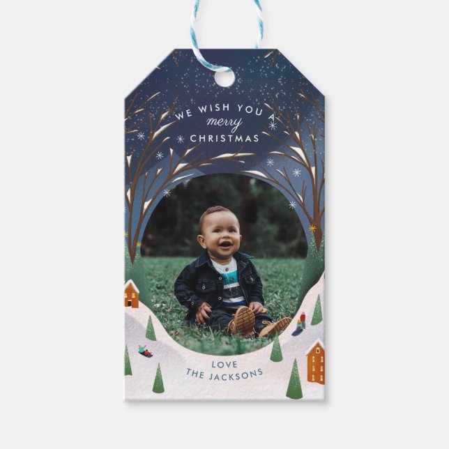 Snowy Village Winter Scene julfoto Presentetikett (Framsidan)