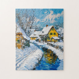 Snowy Village with Stream and Trees Fantasy Painti Pussel