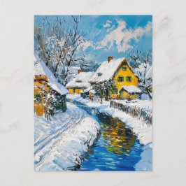 Snowy Village with Stream and Trees Fantasy Painti Vykort