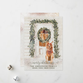 Snowy Vintage Golden Retriever Helgdag Watercolor Julkort