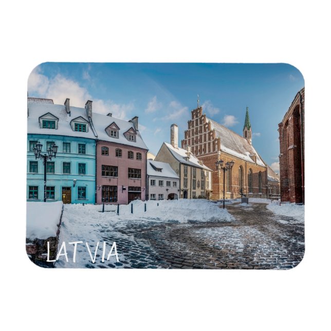 Snowy vinterstadscenter i Riga, Lettland Magnet (Horisontell)