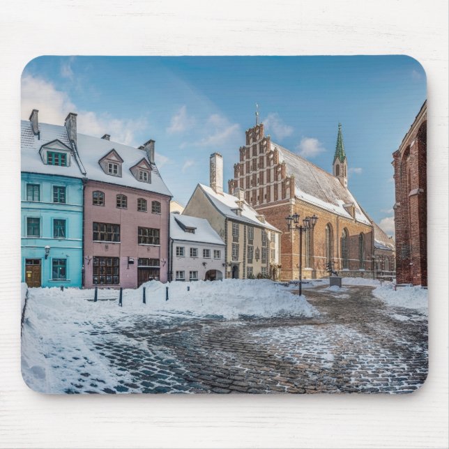 Snowy vinterstadscenter i Riga, Lettland Musmatta (Framsidan)