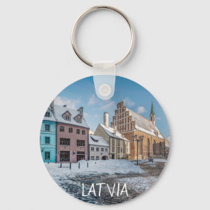 Snowy vinterstadscenter i Riga, Lettland Nyckelring
