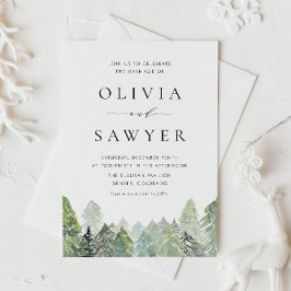 Snowy Watercolor Evergreen Forest Winter Wedding Inbjudan Vykort