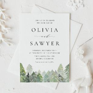 Snowy Watercolor Evergreen Forest Winter Wedding Inbjudan Vykort