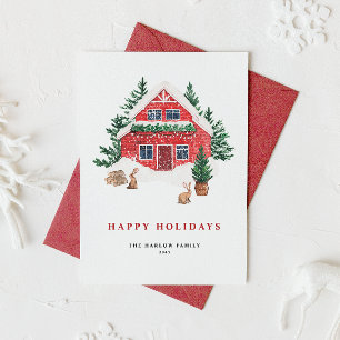 Snowy Watercolor Red Cottage Evergreen Forest Julkort