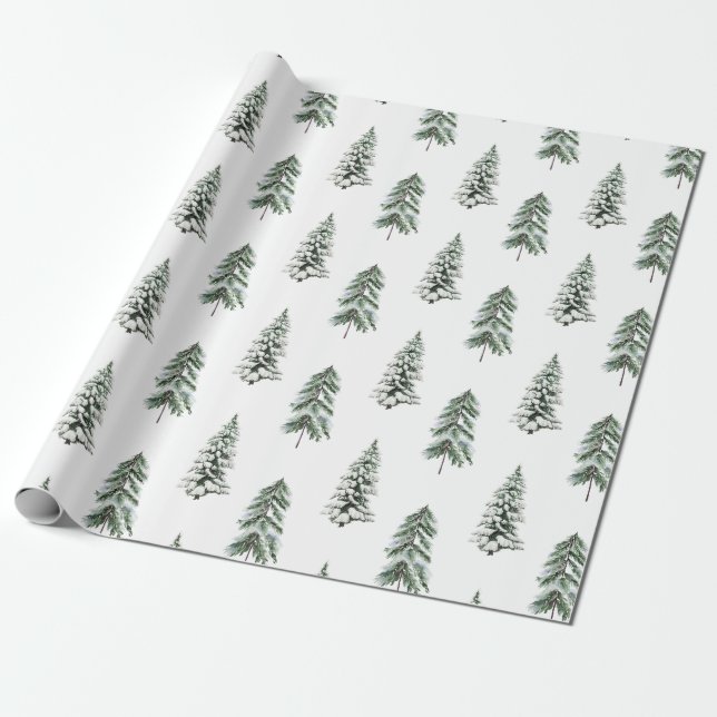 Snowy Watercolor Winter Woodland Träd Presentpapper (Utrullad)