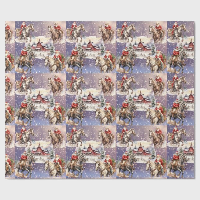 Snowy Western jul Horseback Santas, Red Barn Presentpapper (Platt)