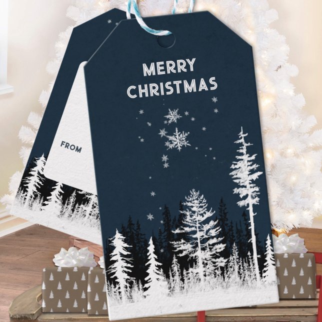 Snowy White Forest Night God jul Presentetikett (Snowy White Forest Night Merry Christmas Holiday Gift Wrapping Name Tag
)