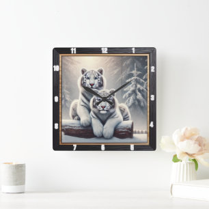 Snowy White Tiger Forest Fyrkantig Klocka
