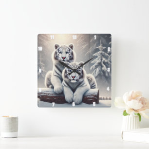 Snowy White Tiger Forest Fyrkantig Klocka