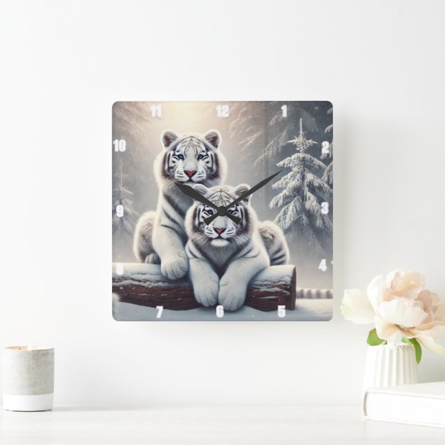 Snowy White Tiger Forest Fyrkantig Klocka (Hem)