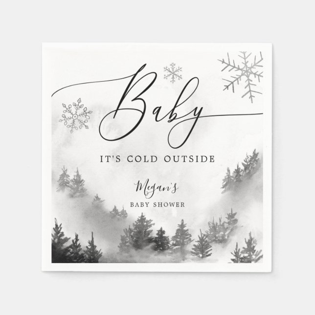 Snowy Winter Baby Shower Grått Snöflingor Pappersservett (Framsidan)
