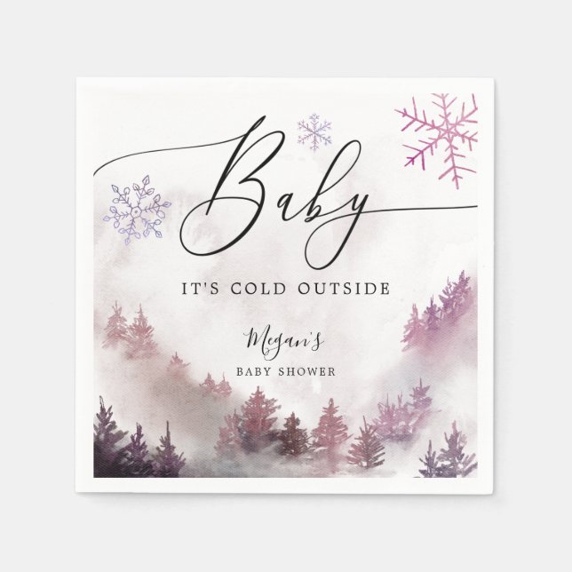 Snowy Winter Baby Shower Rosa Snöflingor Pappersservett (Framsidan)