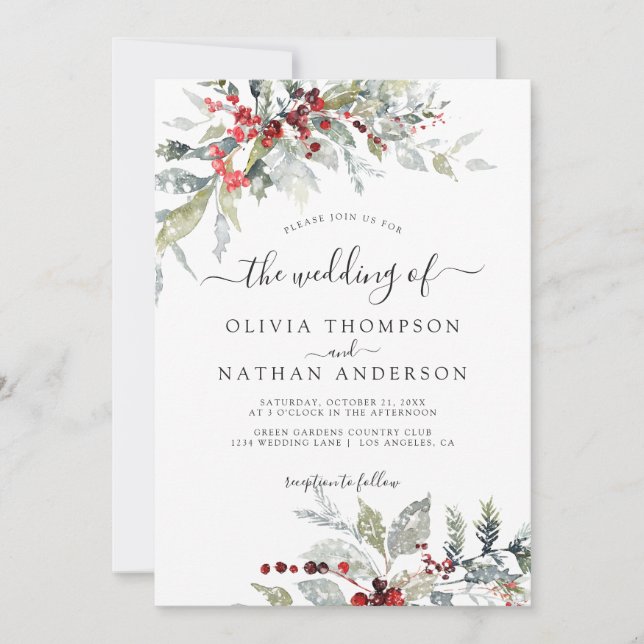 Snowy Winter Berries Botanical Monogram Bröllop Inbjudningar (Framsida)