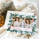 Snowy Winter Botanical God jul 2 Photo Julkort<br><div class="desc">Skicka varma semesterhälsningar till familj och vänner med ett fotokort för elegantens helgdag av Late Bloom Paperie! Festive Card-kortet innehåller två av dina favoritfoton med färgade röda blommor, bomullsblommor, hakbär, eukalyptus löv och gräs boughs. "God jul" visas i ett kalligrafiskript för mörk med ditt namn och år som visas på...</div>