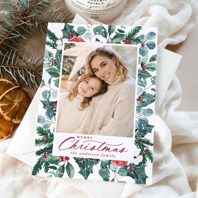 Snowy Winter Botanical God jul Photo Julkort (Skapare uppladdad)