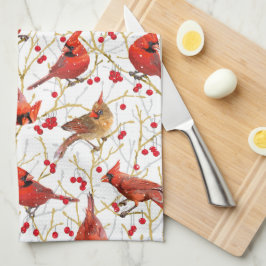 Snowy Winter Cardinals Winterberry Jul Kökshandduk