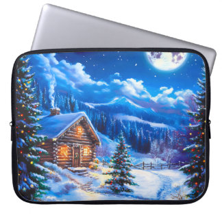 Snowy Winter Christmas Moon Night Cabin Laptop Fodral