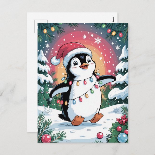 Snowy Winter Cute Penguin in Santa Hat Christmas   Helg Vykort (Fram/baksida)