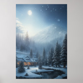 Snowy Winter Evening, ett Mysigt hus i skogen Poster