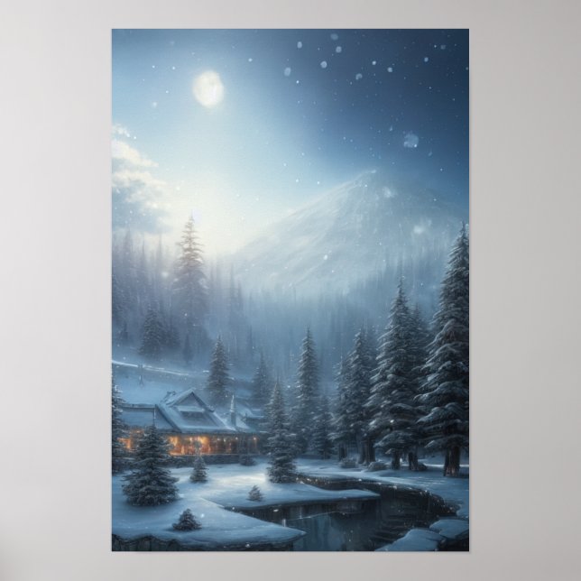 Snowy Winter Evening, ett Mysigt hus i skogen Poster (Framsidan)