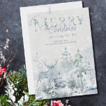 Snowy Winter Forest and Stag God jul Julkort<br><div class="desc">Kort med personlig vattenfärgshjul med snöskog och stag i mjuka skuggor av blått och grönt. Ordalydelsen lyder "önskar dig god jul och gott nytt år" och du kan anpassa den återstående texten. Färg och elegant vattenfärgsdesign med dekorativ typografi.</div>