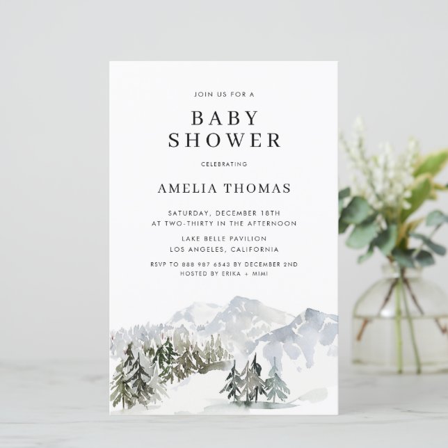 Snowy Winter Forest Baby Shower-inbjudan (Stående Fram)