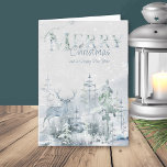 Snowy Winter Forest med Stag God jul Helgkort<br><div class="desc">Kort med personlig vattenfärgshjul med snöskog och stag i mjuka skuggor av blått och grönt. Ordalydelsen lyder "önskar dig god jul och gott nytt år" och du kan anpassa den återstående texten. Färg och elegant vattenfärgsdesign med dekorativ typografi.</div>