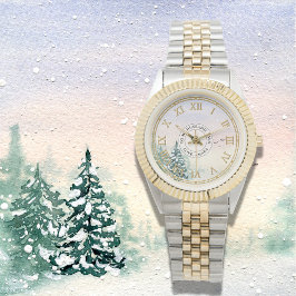 Snowy Winter Forest Watch - Guld Roman Numerals Armbandsur